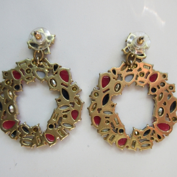 J. Crew Earrings Floral Wreath Gemstones Jewel Dark Peony Red - Picture 7 of 7